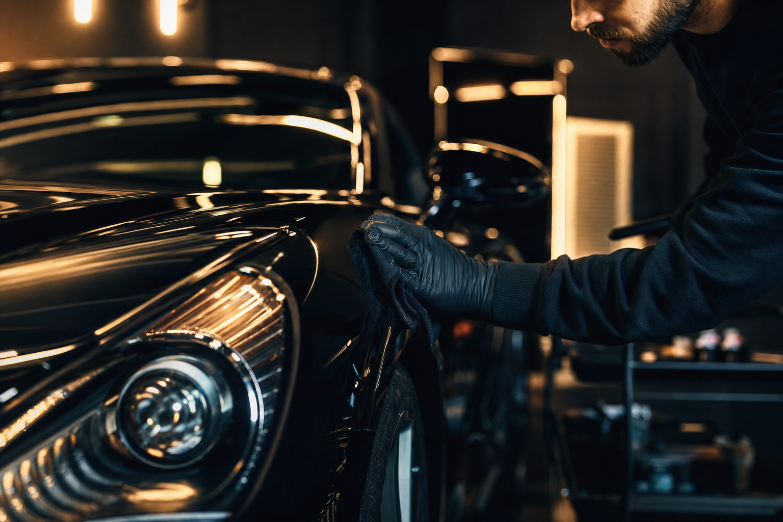 LuxEdge professional detailing a black luxury sports car at night