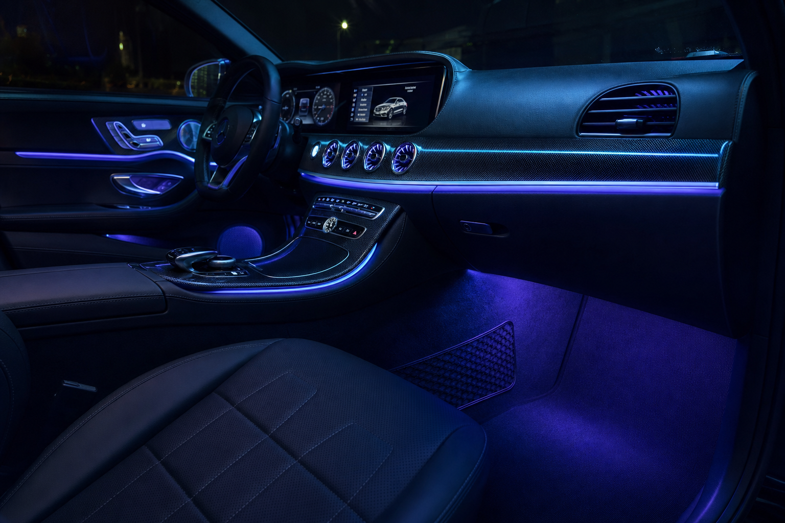 Custom ambient lighting inside luxury car interior